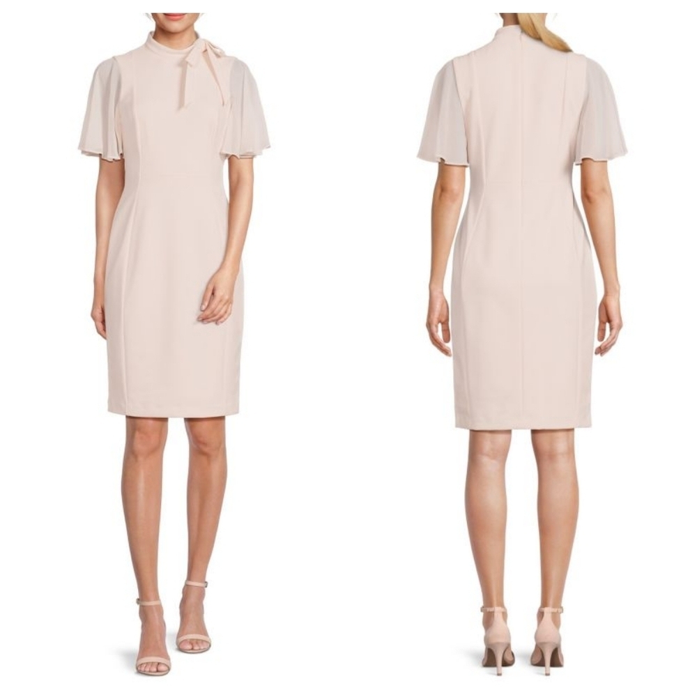 Calvin Klein Blossom Pink Tie Neck Sheath Dress Sz 6 Career Office Contemporary